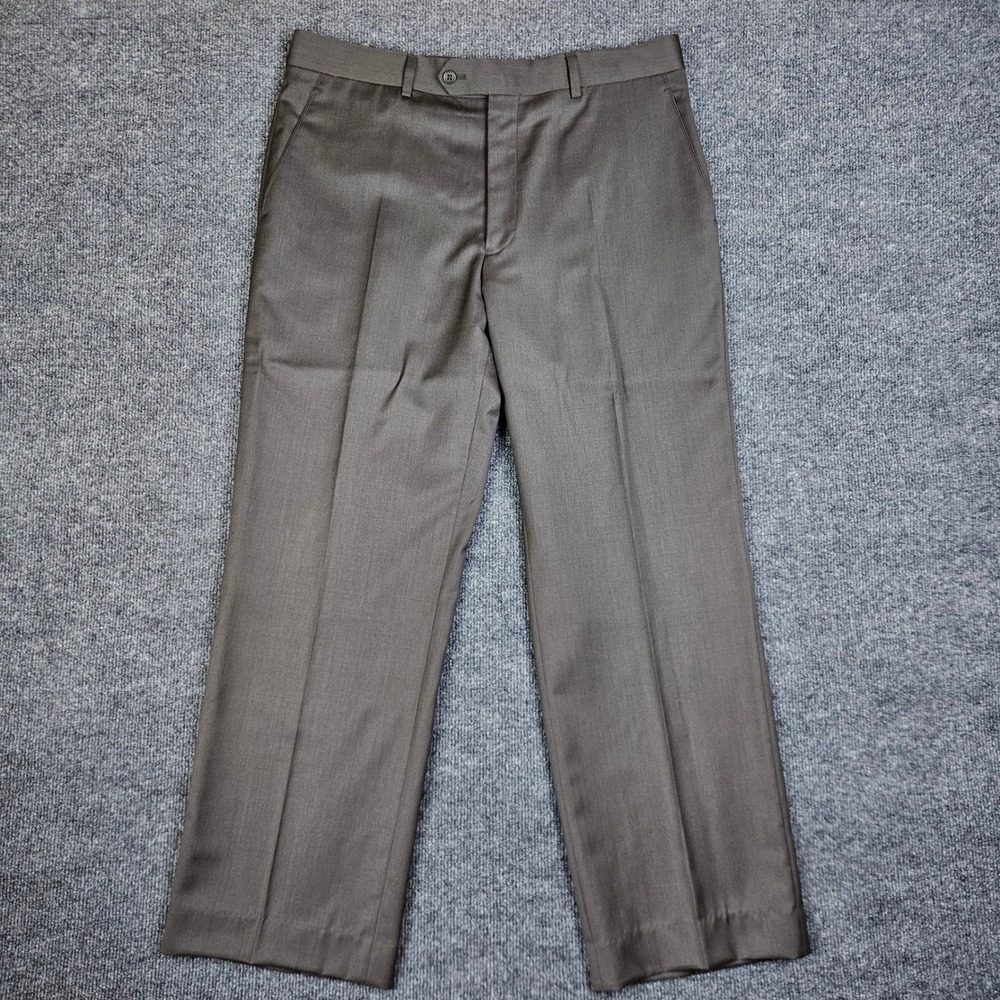 Paul Fredrick 100% Wool Dress Pants Men 34R x30 Olive Flat Front Trousers Slacks